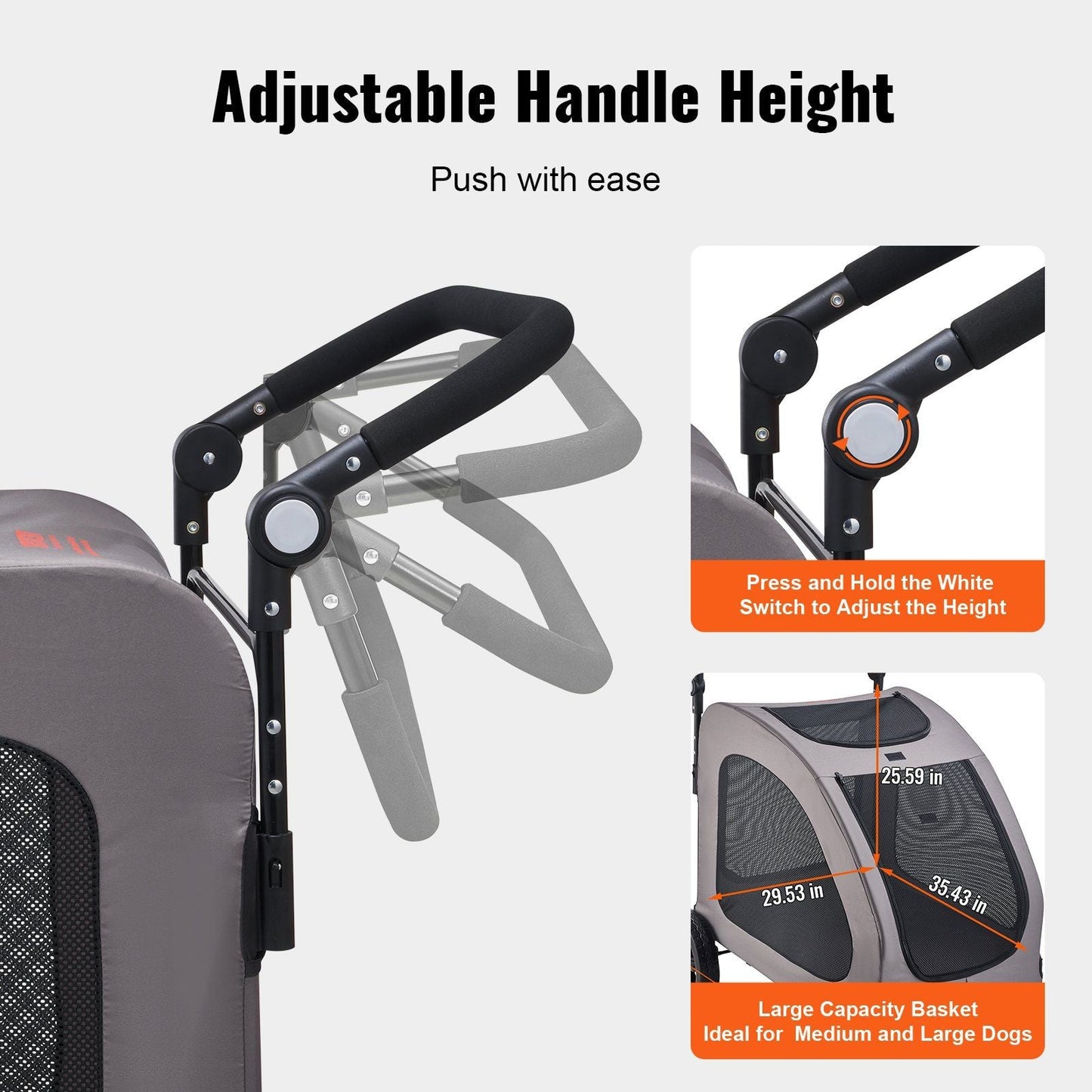 Adjustable handle height feature of a pet stroller with measurements and switch illustration.