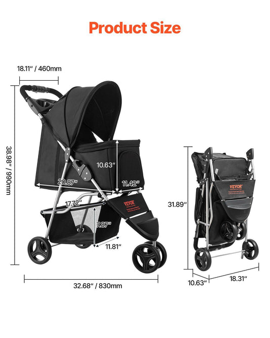 Measurement chart of a black stroller with dimensions labeled