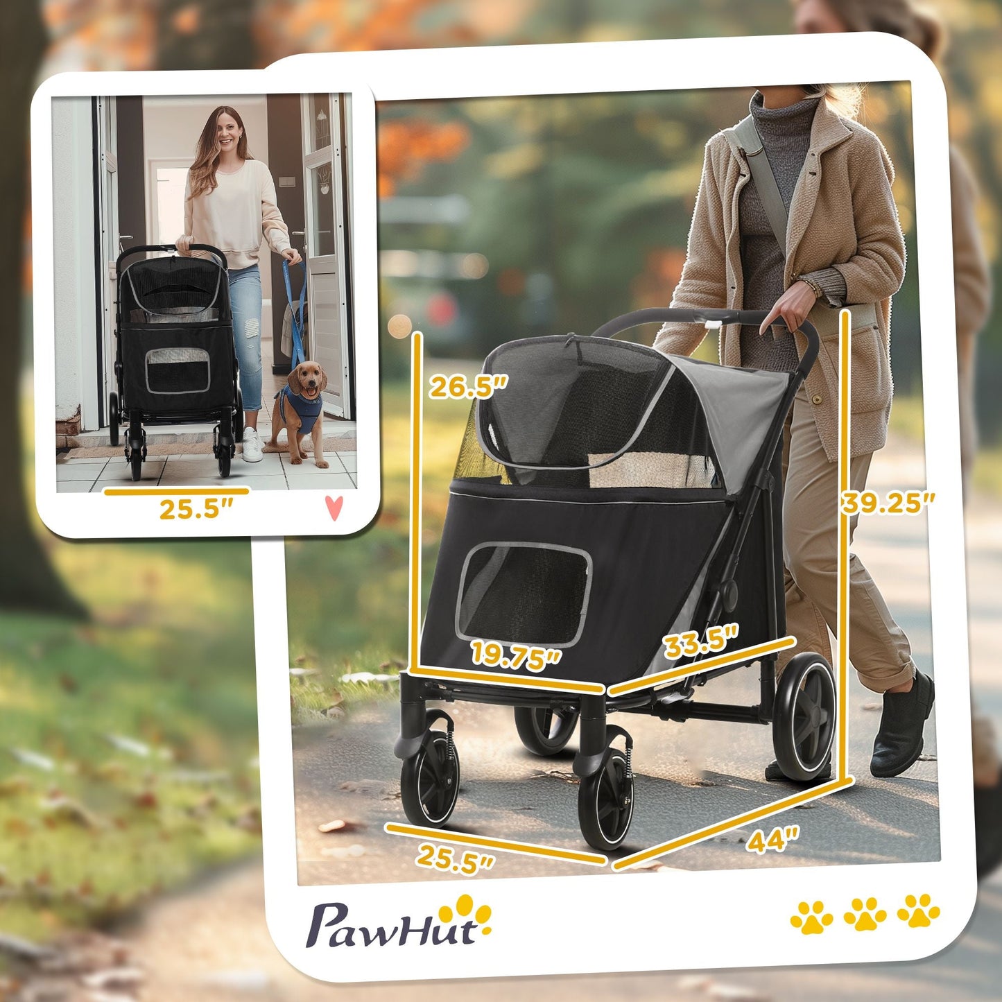 Pet stroller with measurements and a woman walking a dog in an outdoor setting.