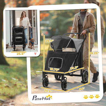 Pet stroller with measurements and a woman walking a dog in an outdoor setting.