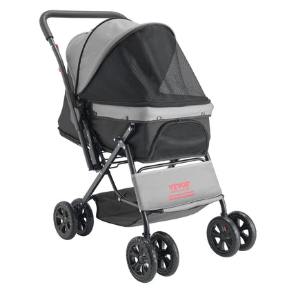 Gray pet stroller with mesh top on a white background