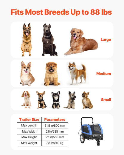 Dog trailer size chart with images of dogs and specifications.
