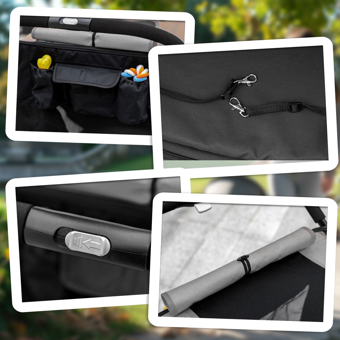 Collage of a black car seat organizer with various attachments and features.