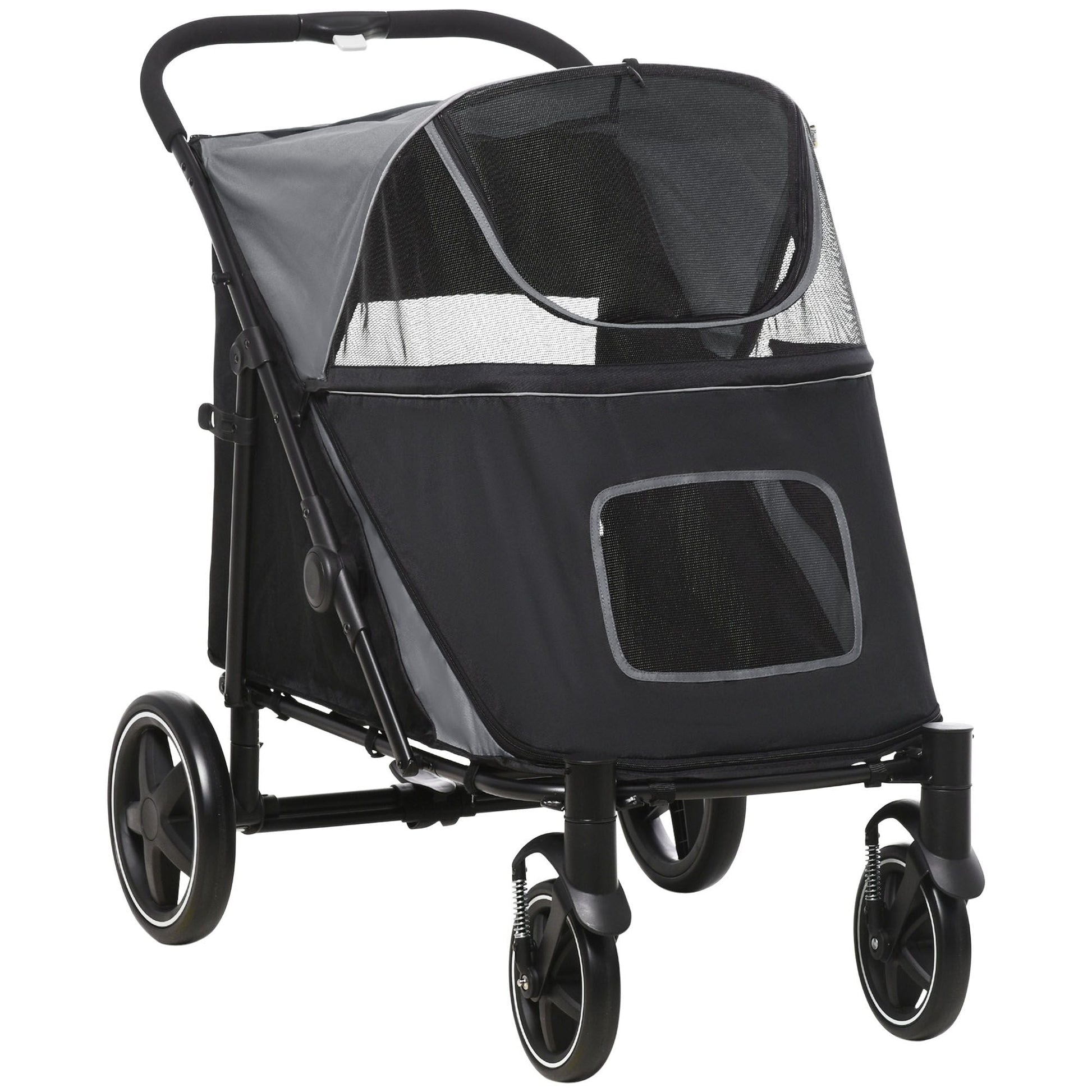 Black pet stroller with gray interior on a white background