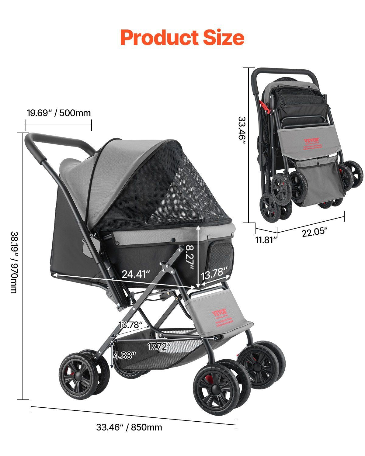 Pet stroller with dimensions on a white background