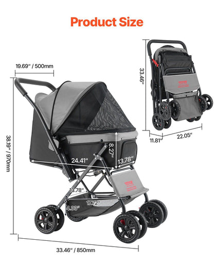 Pet stroller with dimensions on a white background