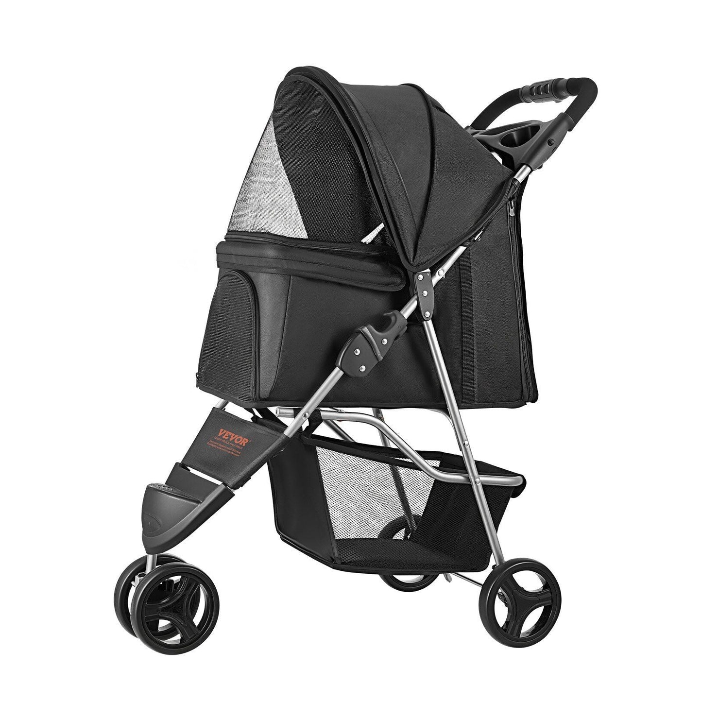 Black pet stroller with silver frame on a white background