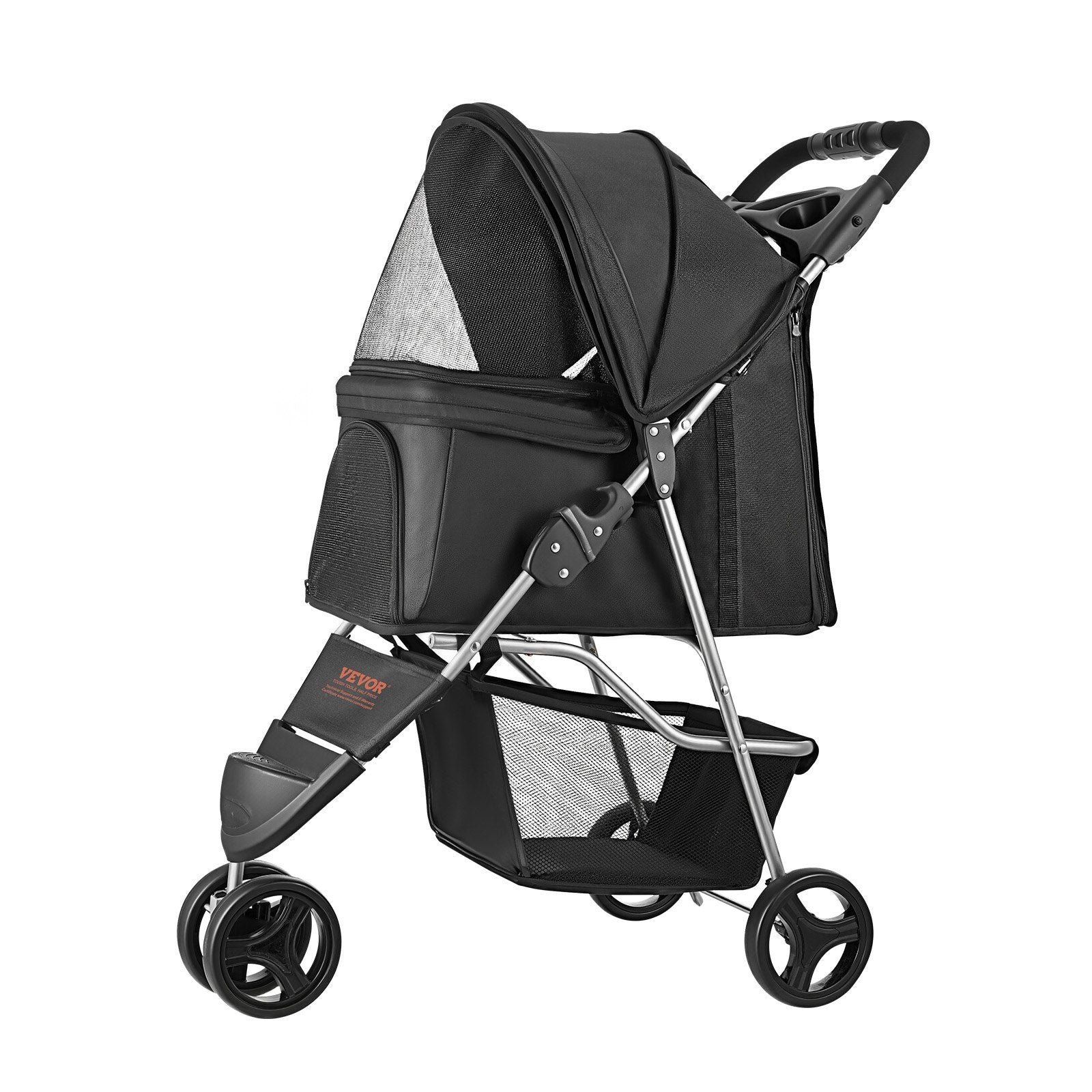 Black pet stroller with silver frame on a white background