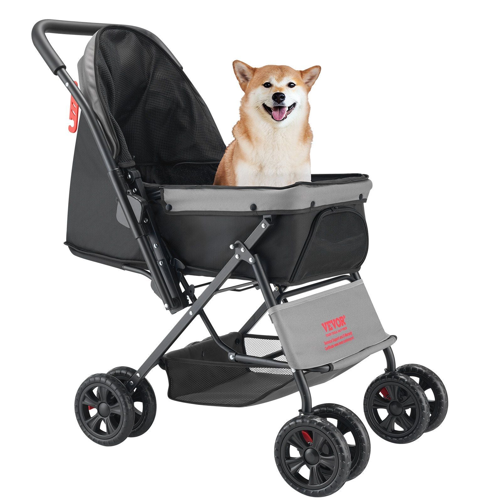 Pet stroller with a dog inside on a white background