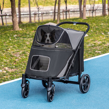 Pet stroller with a dog inside, on a blue path in a park.