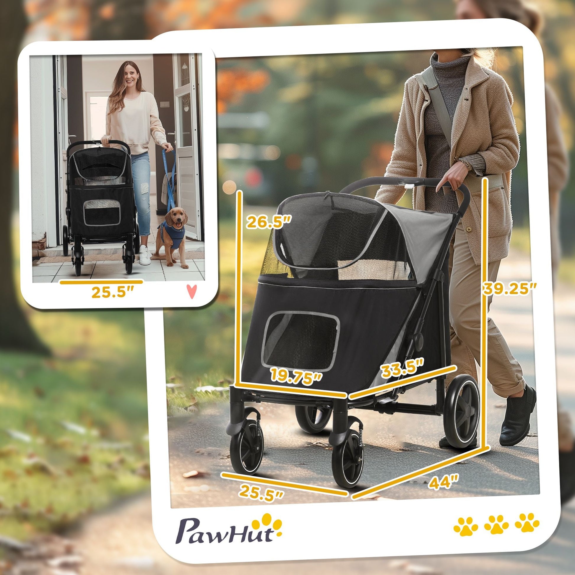 Pet stroller with measurements and a woman walking a dog in an outdoor setting.