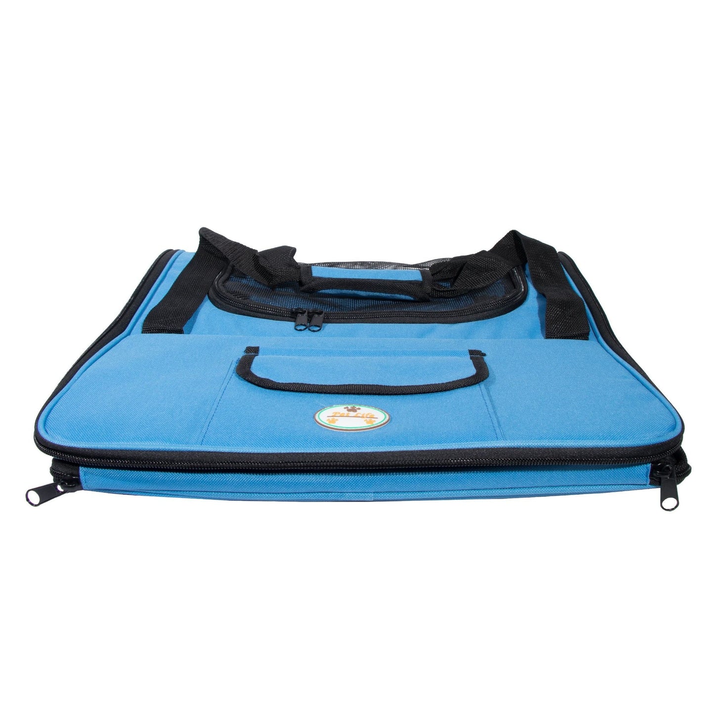 Blue pet carrier with black handles on a white background