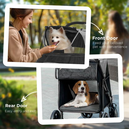 Pet stroller with front and rear doors, showing a dog inside, with a blurred outdoor background.