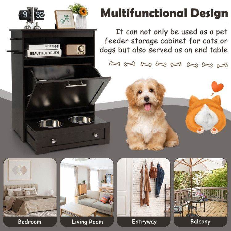 Pet Feeder Station with Stainless Steel Bowls & Storage Cabinet - Elevated Dog Food Station with Pull-Out Drawer | All-in-One Pet Organization