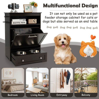 Pet Feeder Station with Stainless Steel Bowls & Storage Cabinet - Elevated Dog Food Station with Pull-Out Drawer | All-in-One Pet Organization