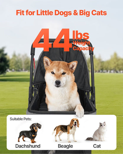 Pet stroller with a dog inside, suitable for small to medium-sized pets, on a grassy field.