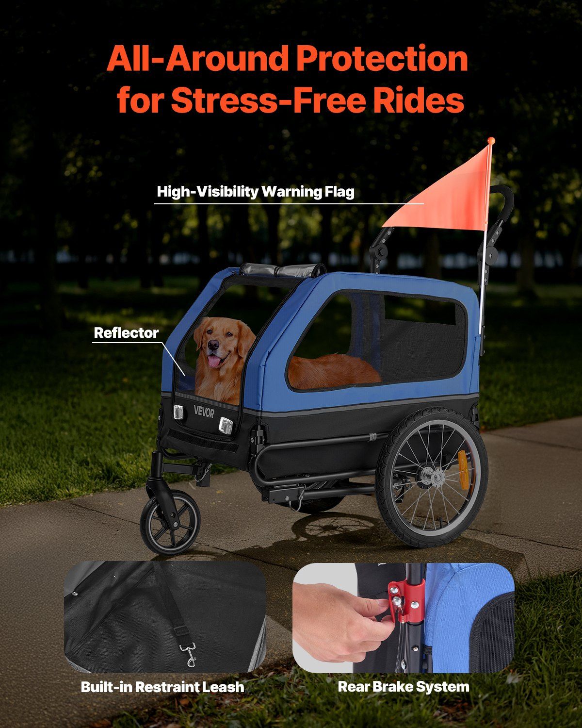 Dog stroller with features highlighted on a dark background