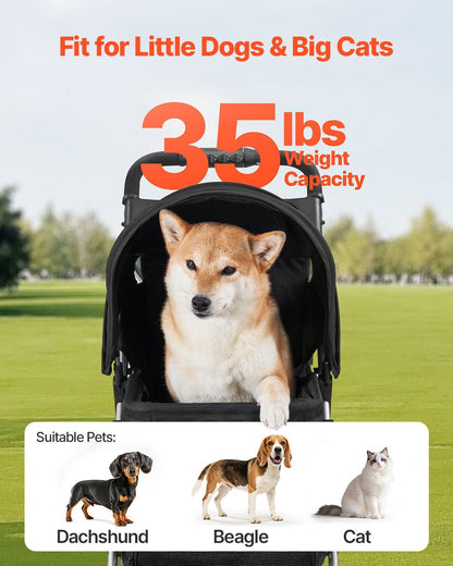 Pet stroller with a dog inside, suitable for small dogs and cats, on a grassy field.