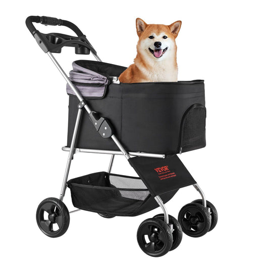 Black pet stroller with a dog inside on a white background