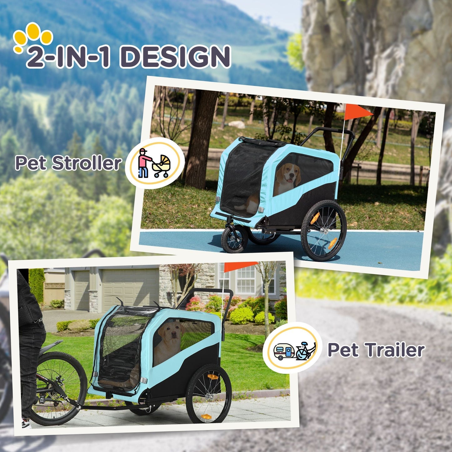 Pet stroller and trailer with 2-in-1 design feature, shown outdoors.