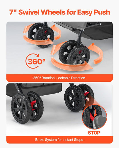 7-inch swivel wheels with brake system for easy push and 360-degree rotation on a gray background.