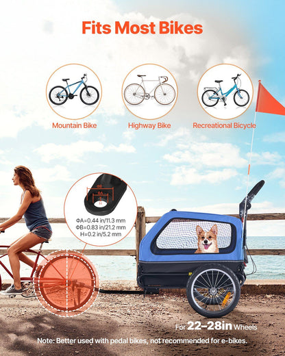 Pet bike trailer with a dog on a scenic background, suitable for various types of bikes.