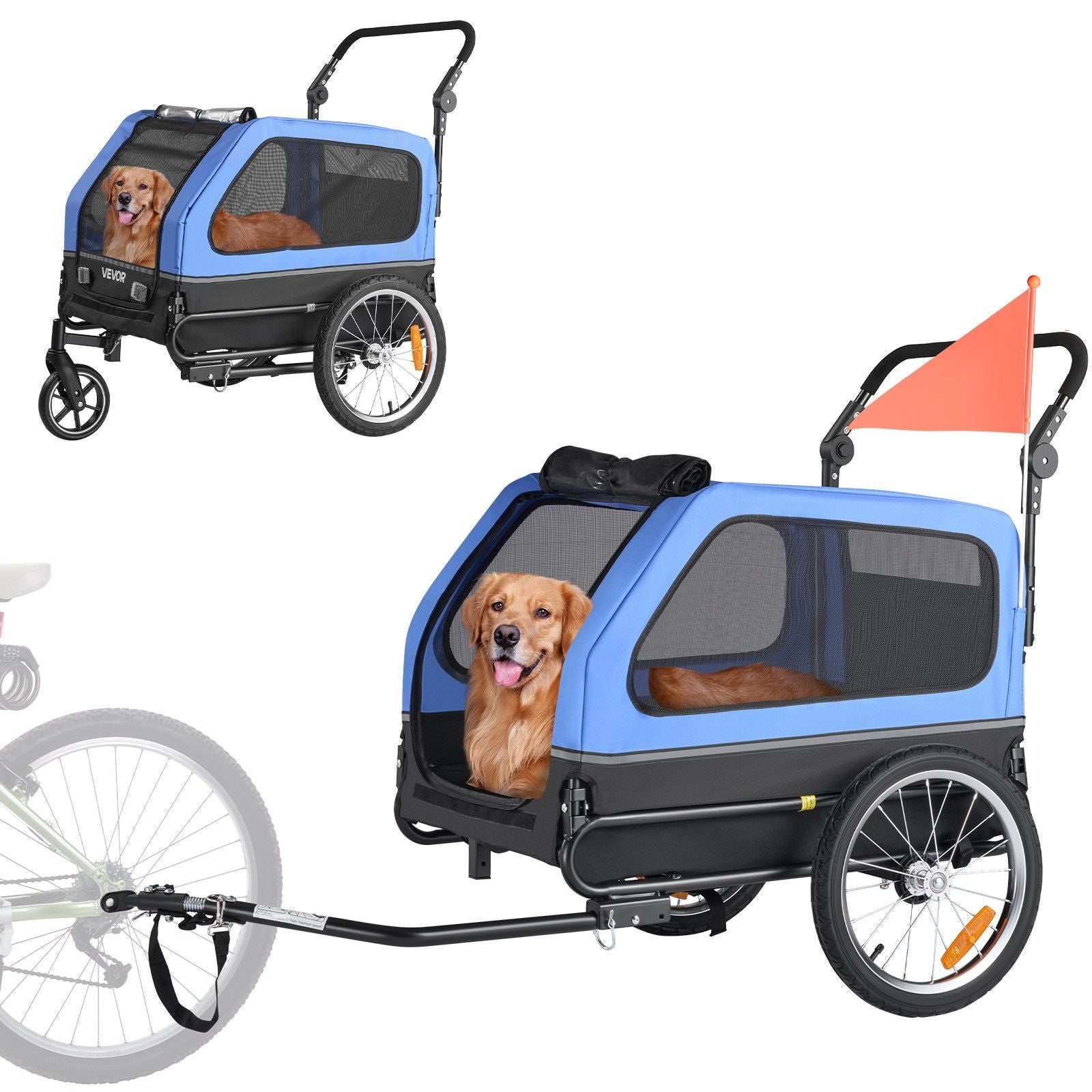 Dog bike trailer with a dog inside on a white background
