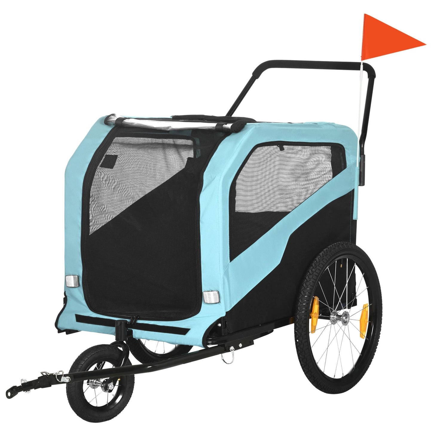 Blue and black pet bike trailer with a red flag on a white background