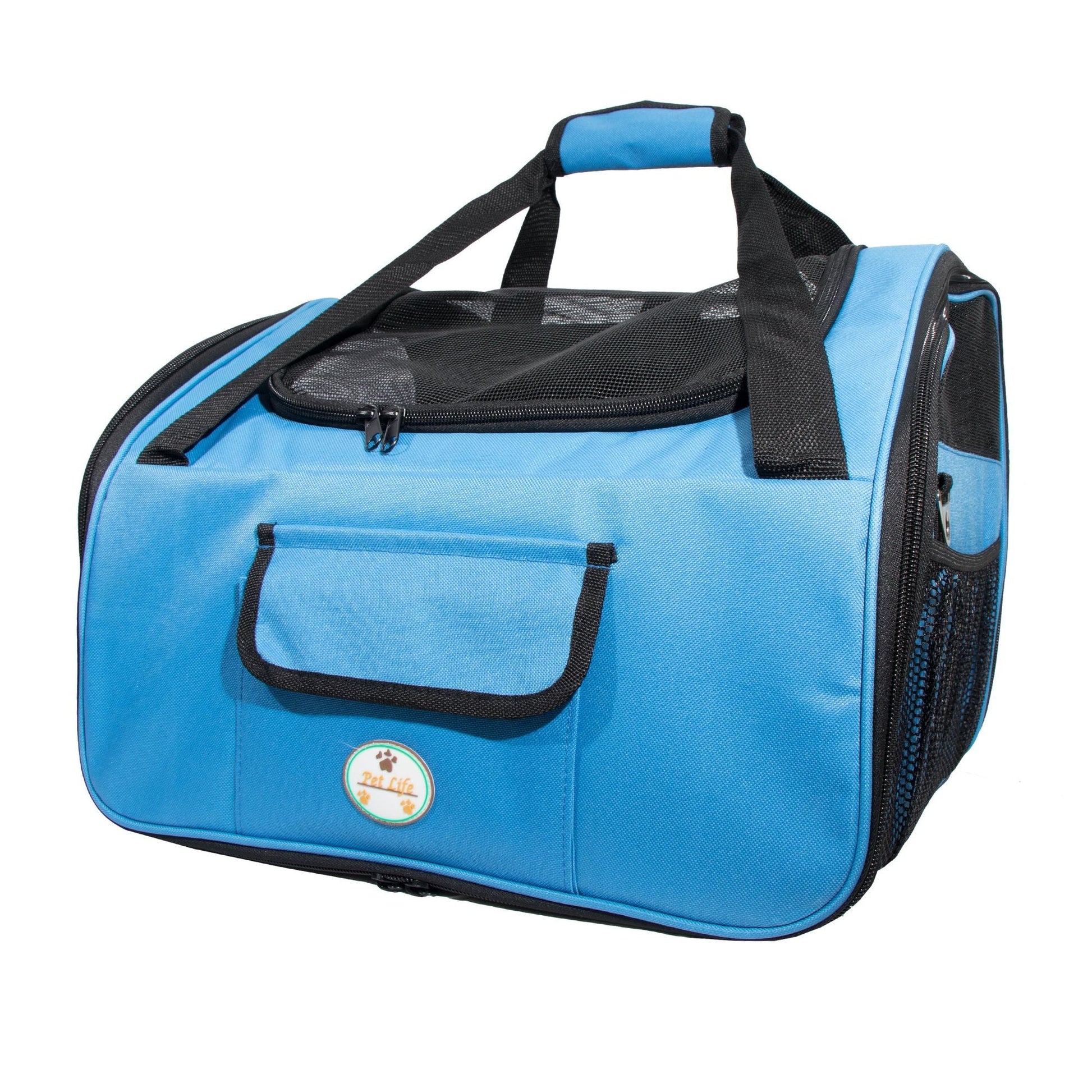 Blue pet carrier with black handles and mesh window on a white background