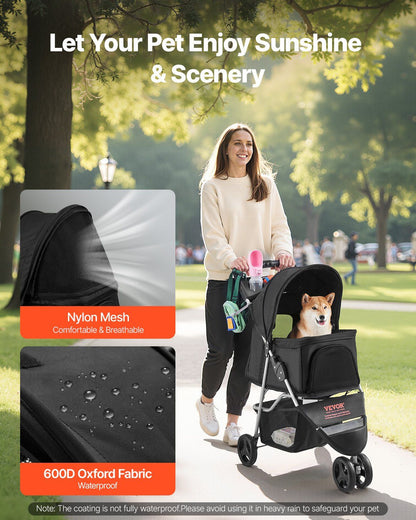 Woman walking a dog in a stroller with text about pet enjoyment of sunshine and scenery.