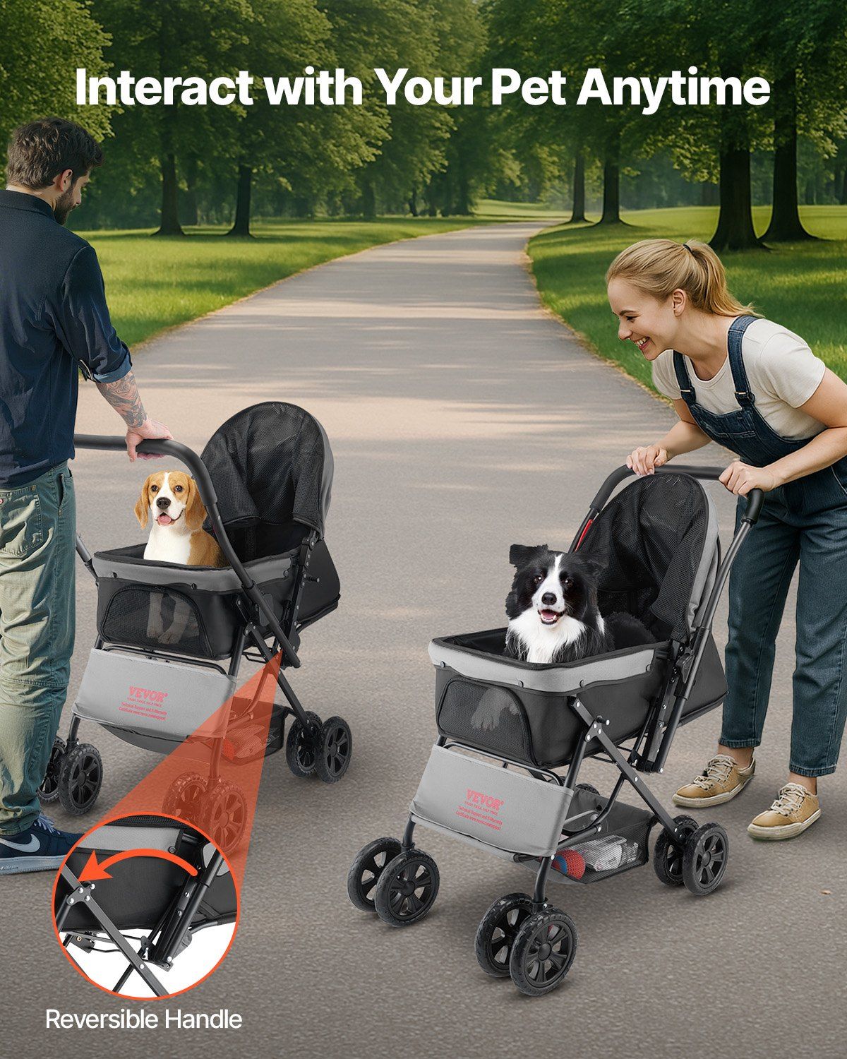 Two people pushing pet strollers with dogs in a park setting, emphasizing interaction with pets anytime.