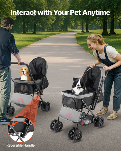 Two people pushing pet strollers with dogs in a park setting, emphasizing interaction with pets anytime.