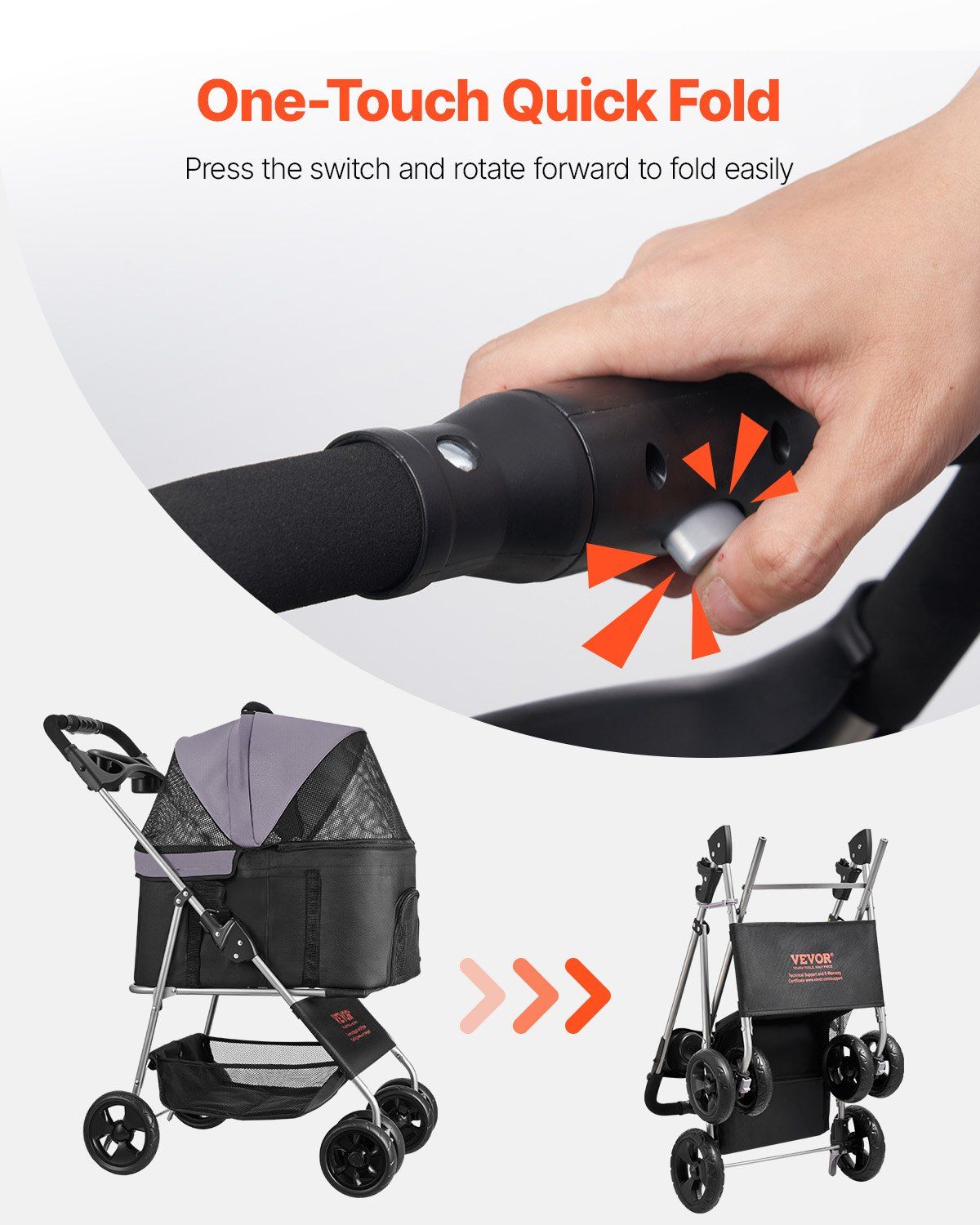 Pet stroller with one-touch quick fold feature, showing ease of use and compact design.