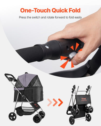 Pet stroller with one-touch quick fold feature, showing ease of use and compact design.