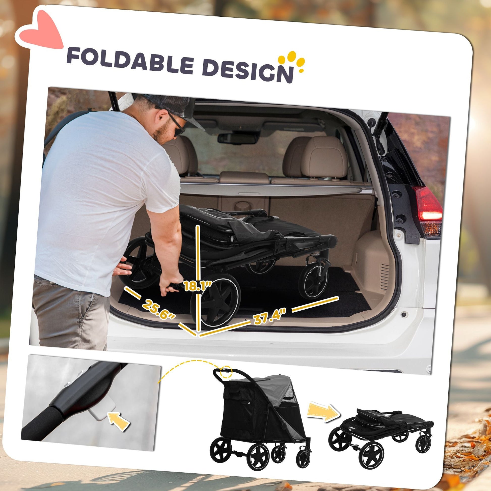 Foldable baby stroller being loaded into a car trunk with measurements and additional views.