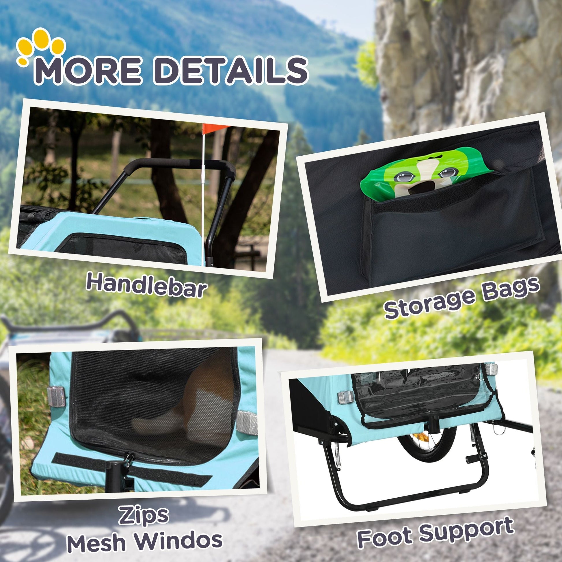 Product collage showing handlebar, storage bags, zips, mesh windows, and foot support with outdoor background.
