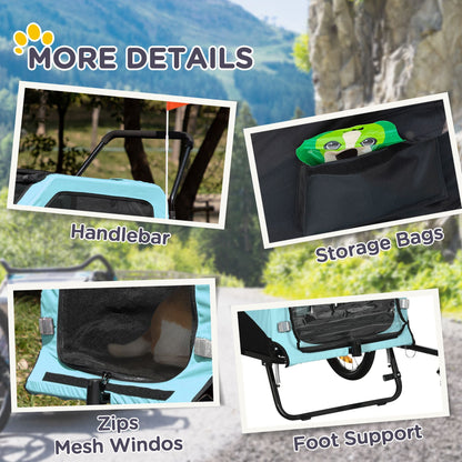 Product collage showing handlebar, storage bags, zips, mesh windows, and foot support with outdoor background.