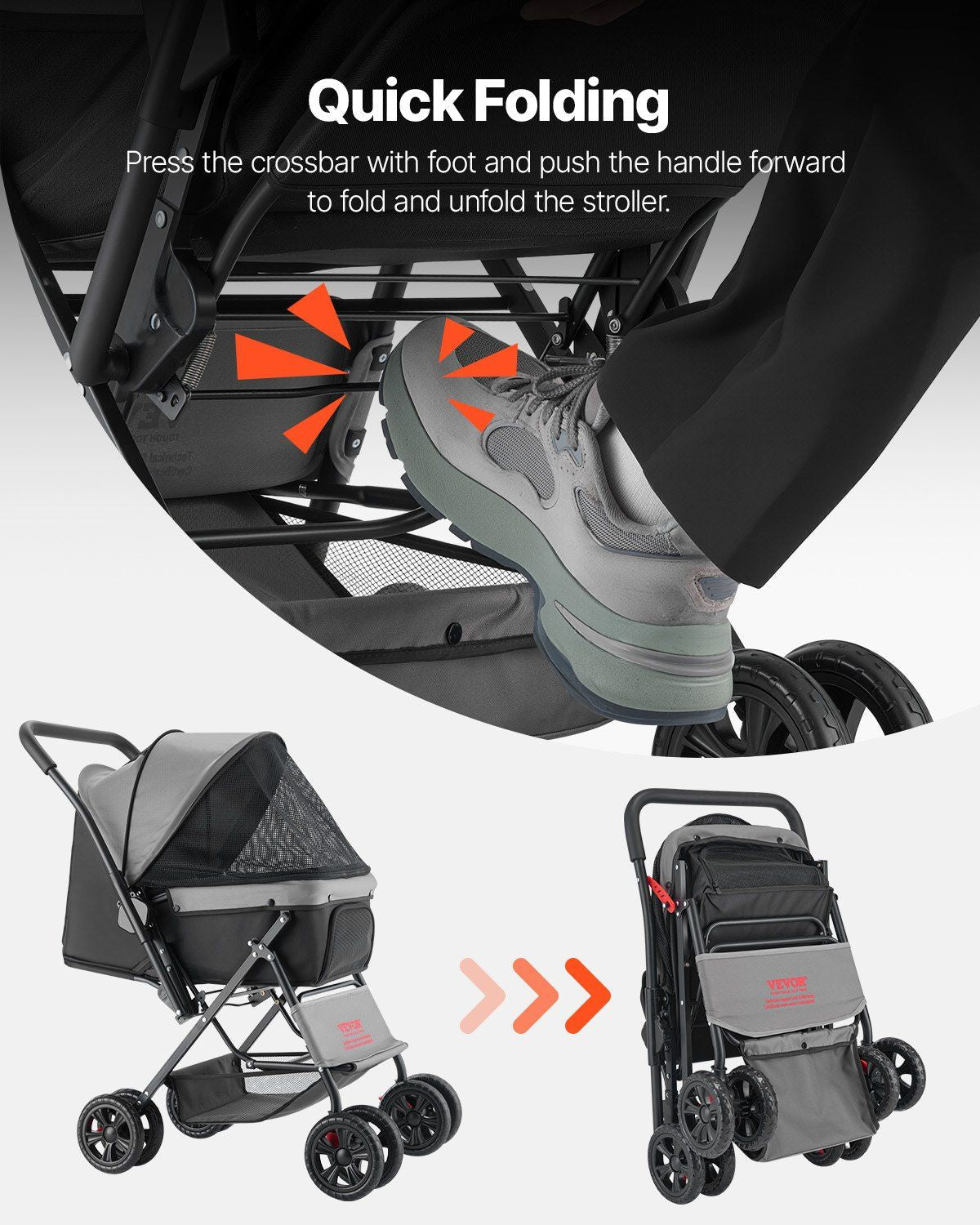 Demonstration of a stroller being folded and unfolded with text instructions.