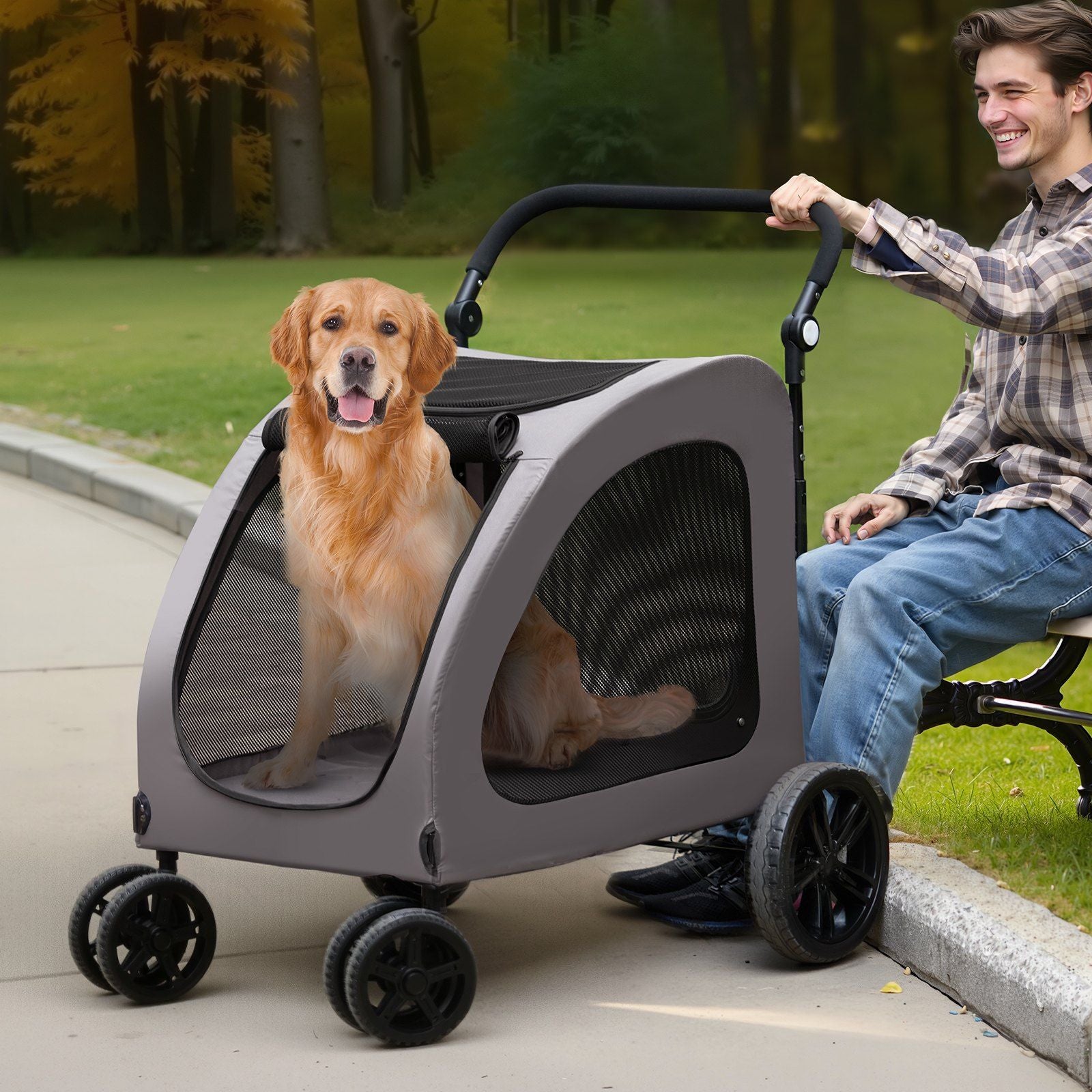 Man pushing a stroller with a dog inside on a sidewalk.