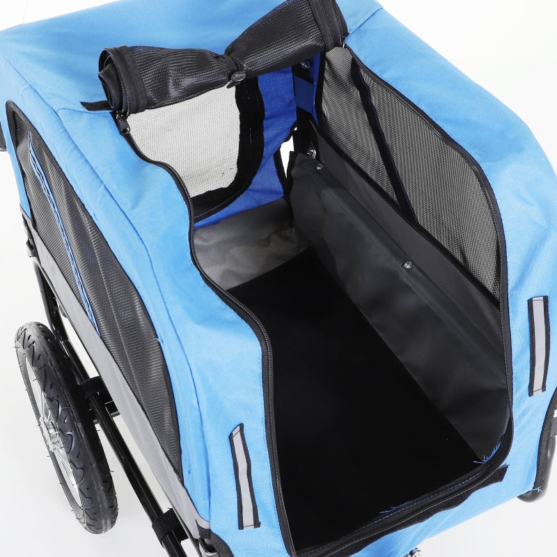 Blue pet stroller with open door on a white background