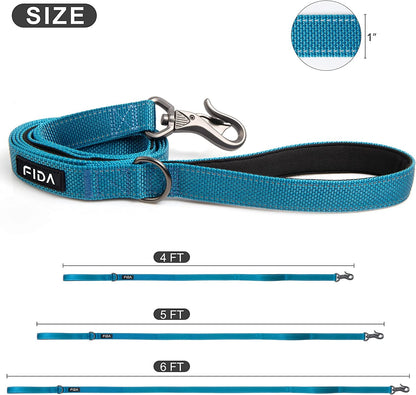Blue dog leash with measurements and Fida branding on a white background