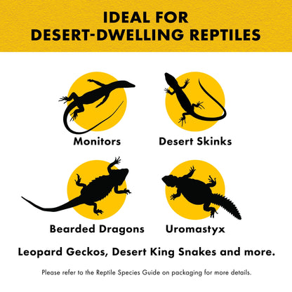 Product label for desert-dwelling reptiles with illustrations of monitors, desert skinks, bearded dragons, and uromastyx.