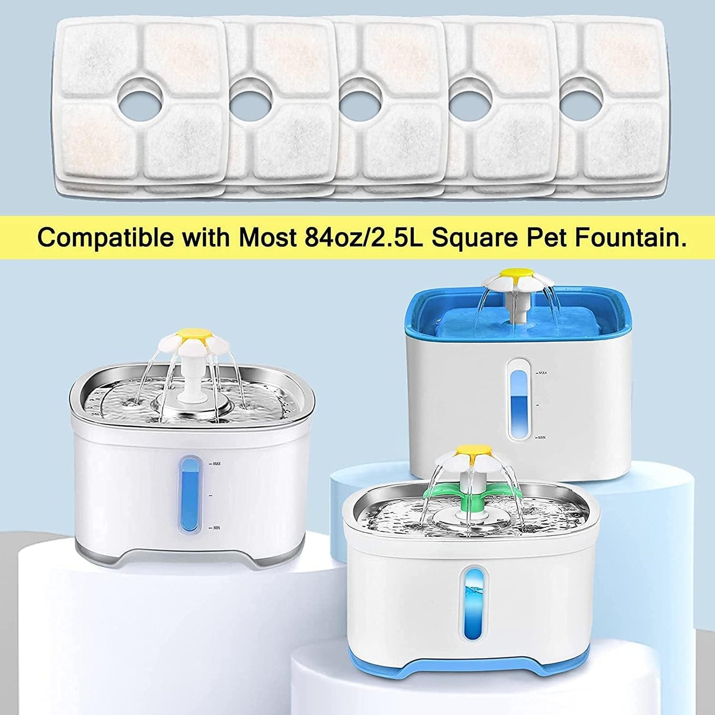 Pet water fountain with filter and compatibility text on a light blue background