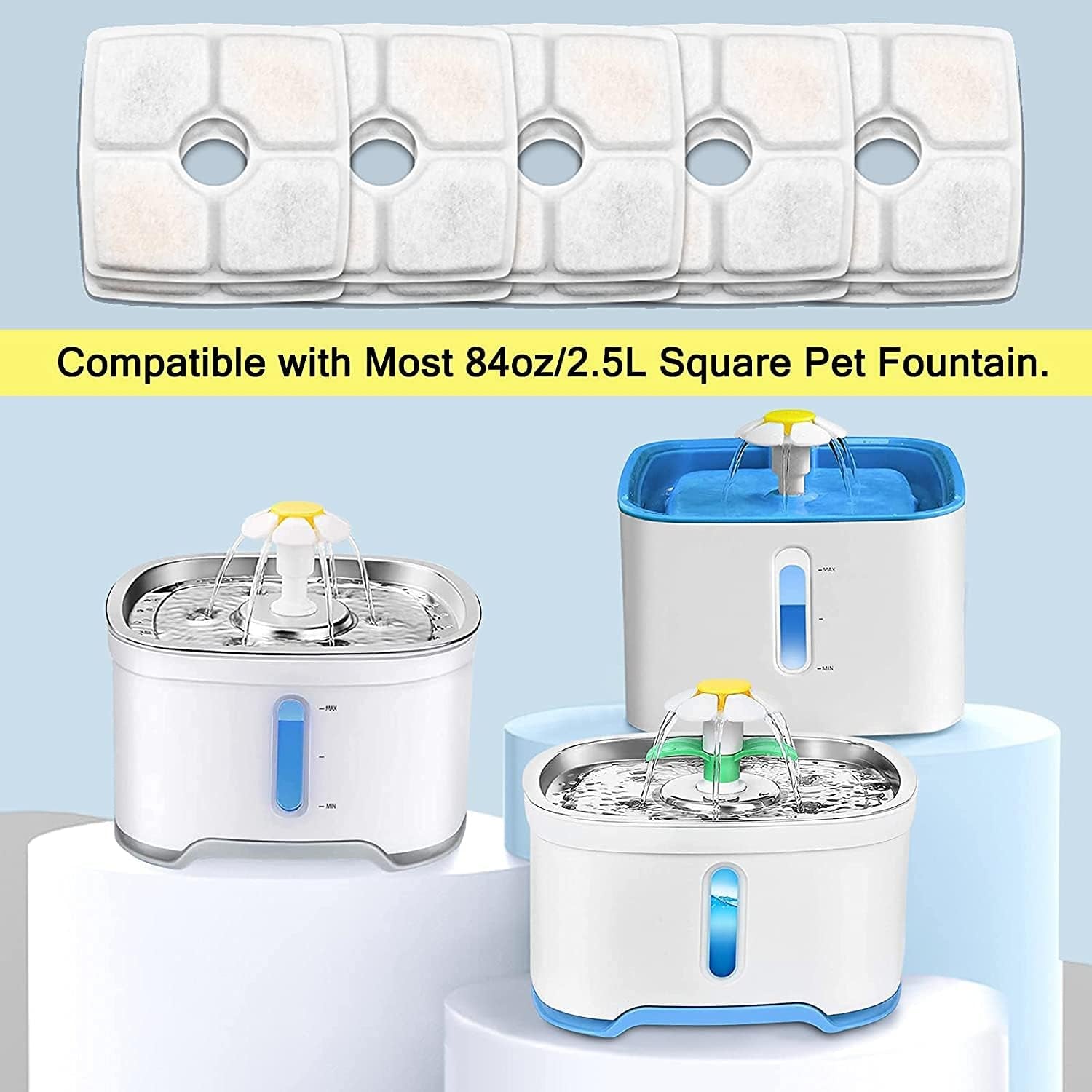 Pet water fountain with filter and compatibility text on a light blue background
