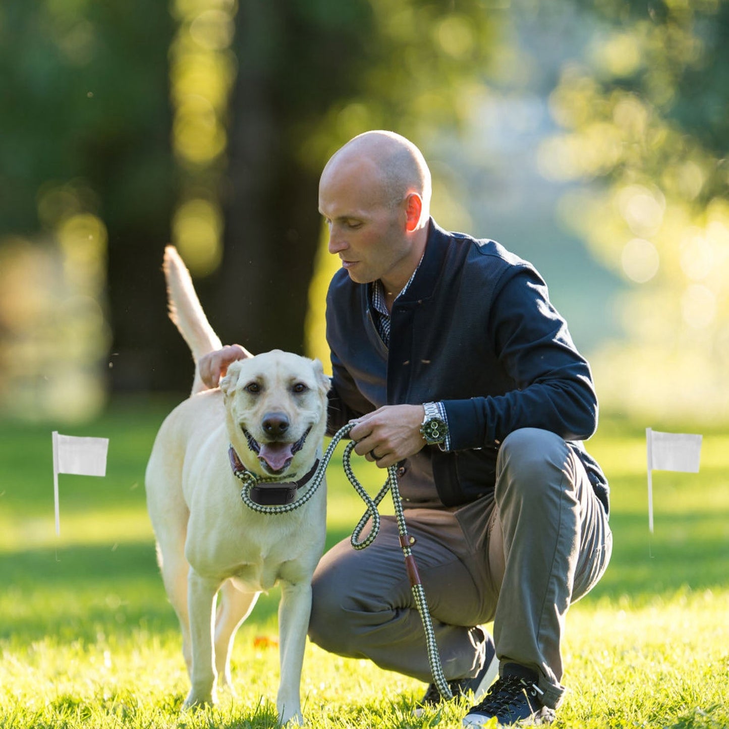 Man with a dog on a grassy field with trees in the background