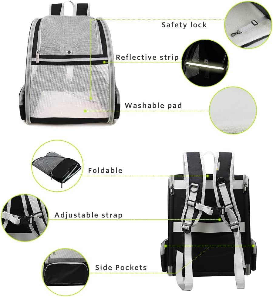 Pet carrier backpack with features highlighted on a white background