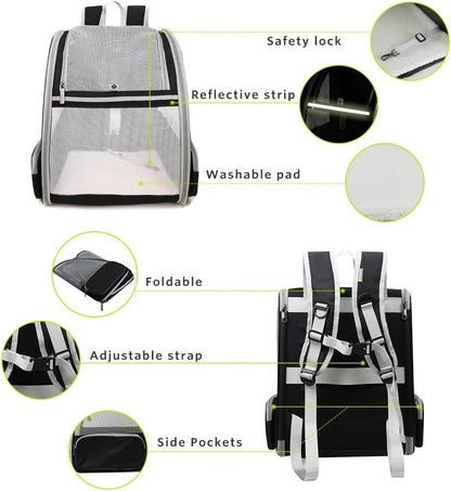 Pet carrier backpack with features highlighted on a white background