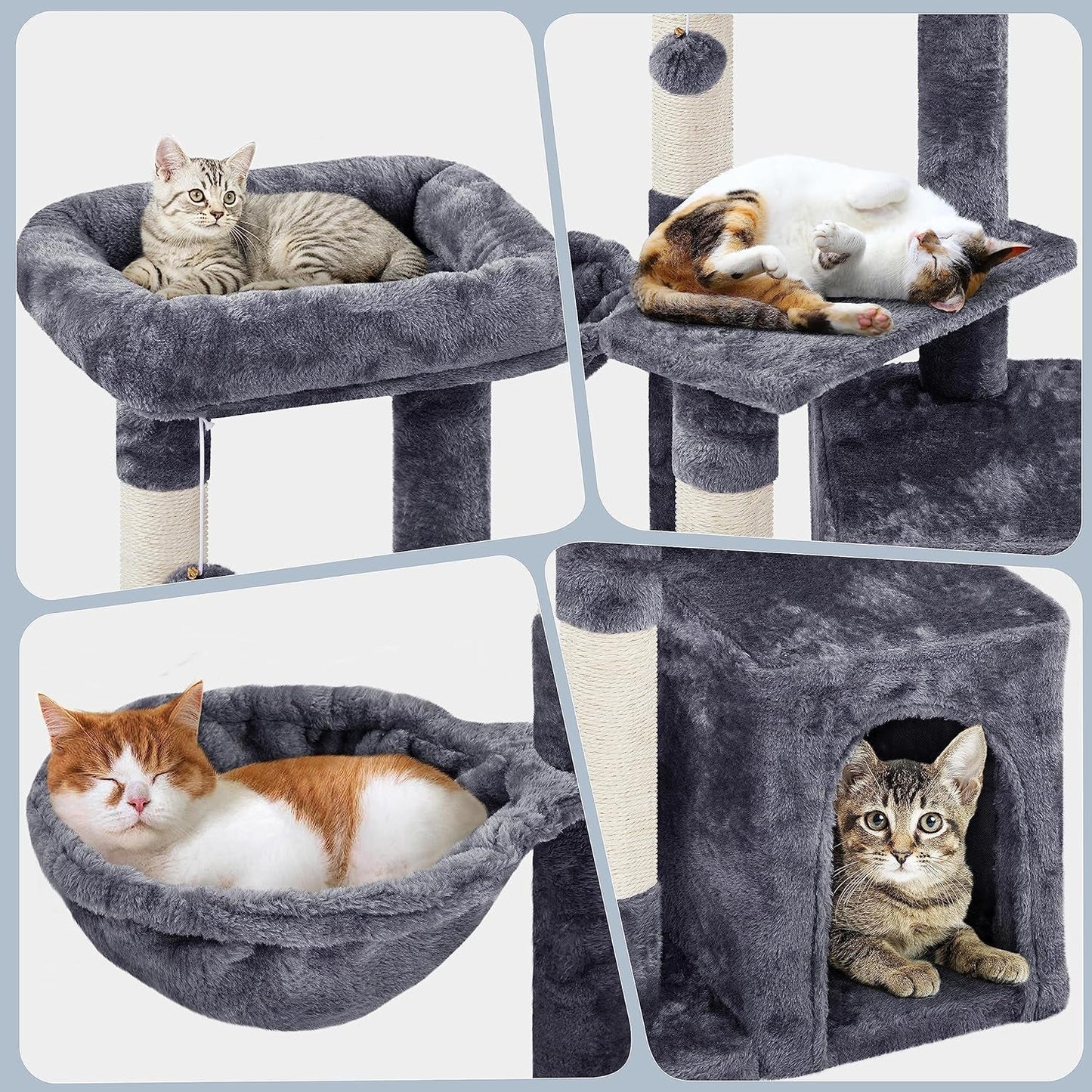 Collage of cats using a gray cat tree with various perches and a hammock.