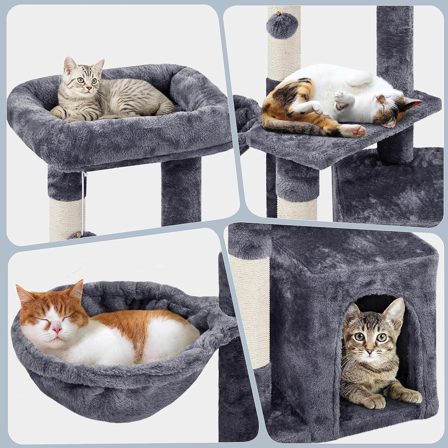 Collage of cats using a gray cat tree with various perches and a hammock.