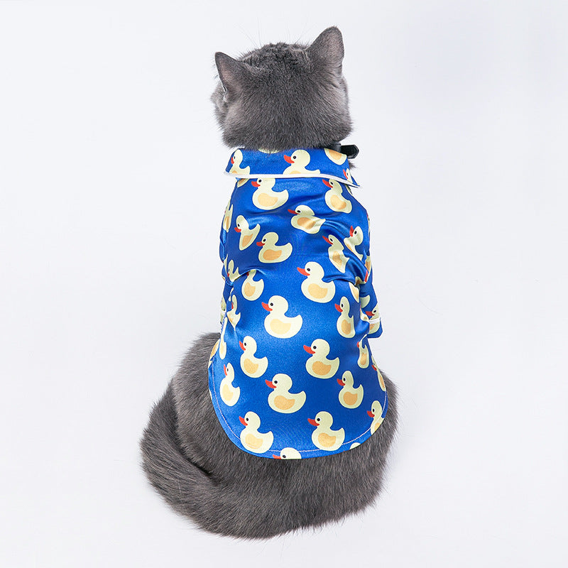 Cat wearing a blue shirt with yellow duck patterns on a white background